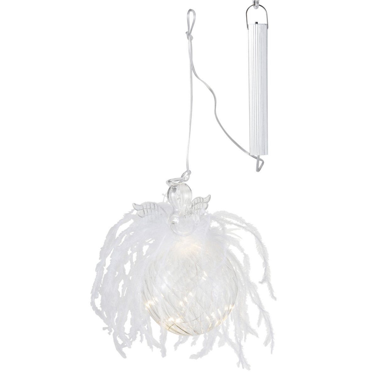 Boule de Noël Ange en verre avec plumes blanches et LED allumées