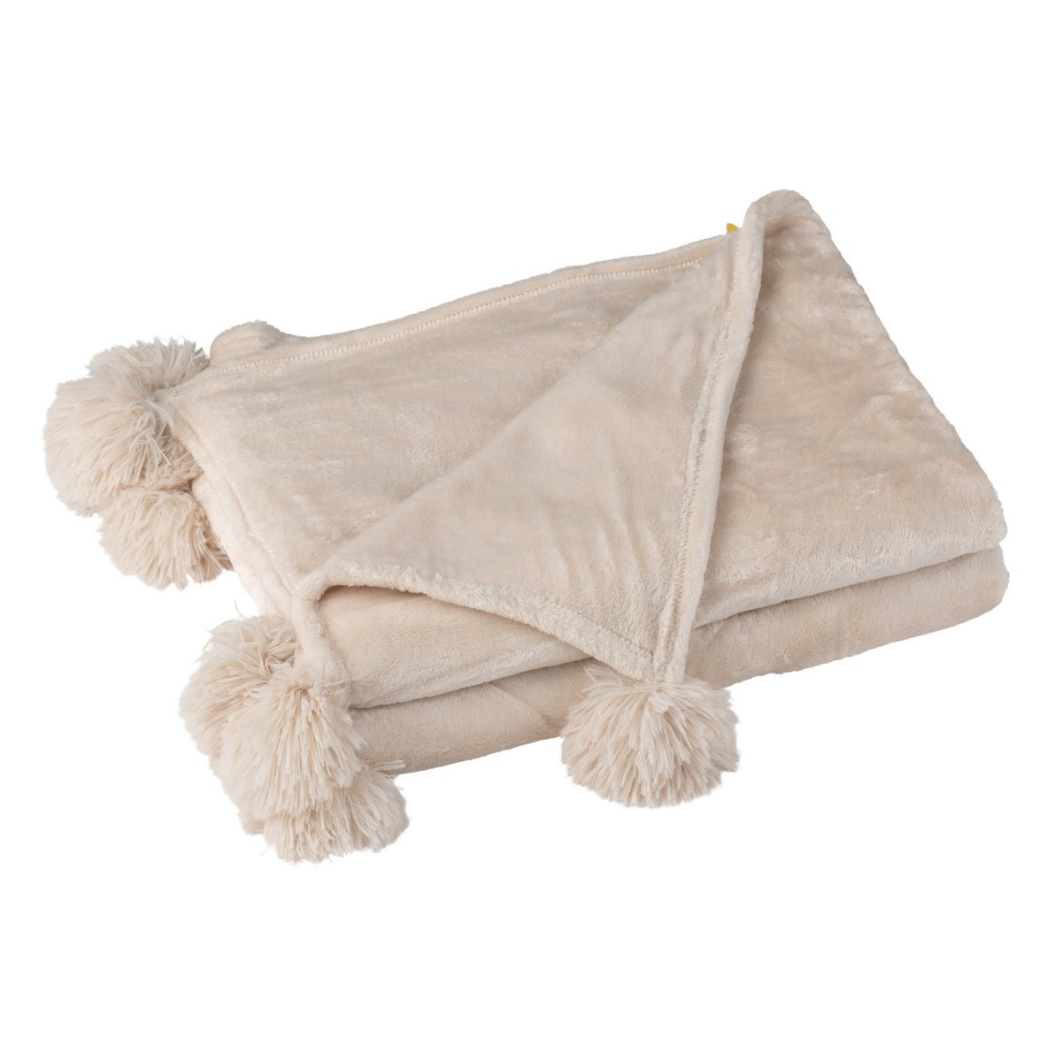 Plaid Pompom J-Line beige clair avec pompons sur canapé