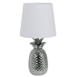 Lampe de table en céramique "ananas", lampe de table en céramique avec glaçure de couleur chromée et écran de tissu blanc, avec socket E14, pour salle à manger, salon, couloir ou bureau, 45 cm de haut