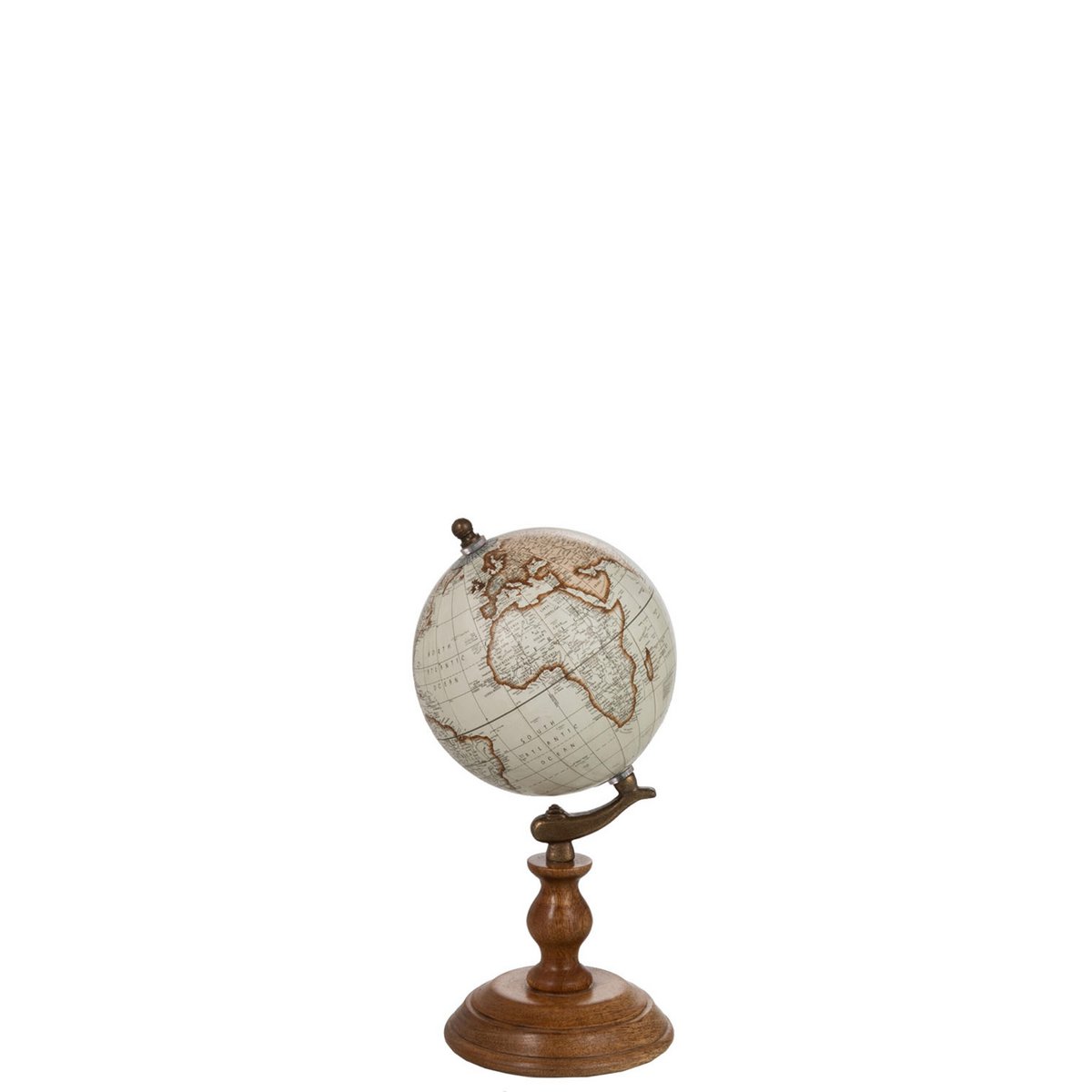 Globe J-Line sur socle en bois blanc et naturel, vue de face