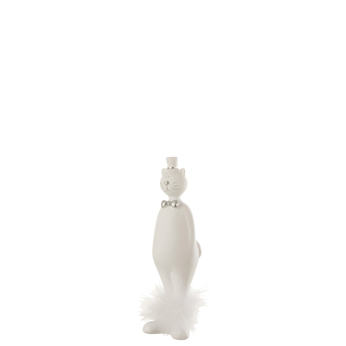 Figurine chat J-Line avec chapeau en polyresine blanche et argentée, posée sur une table