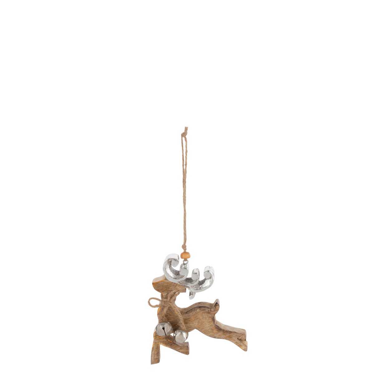 Pendentif de Noël Renne J-Line en bois naturel avec finition argentée, vue de face.