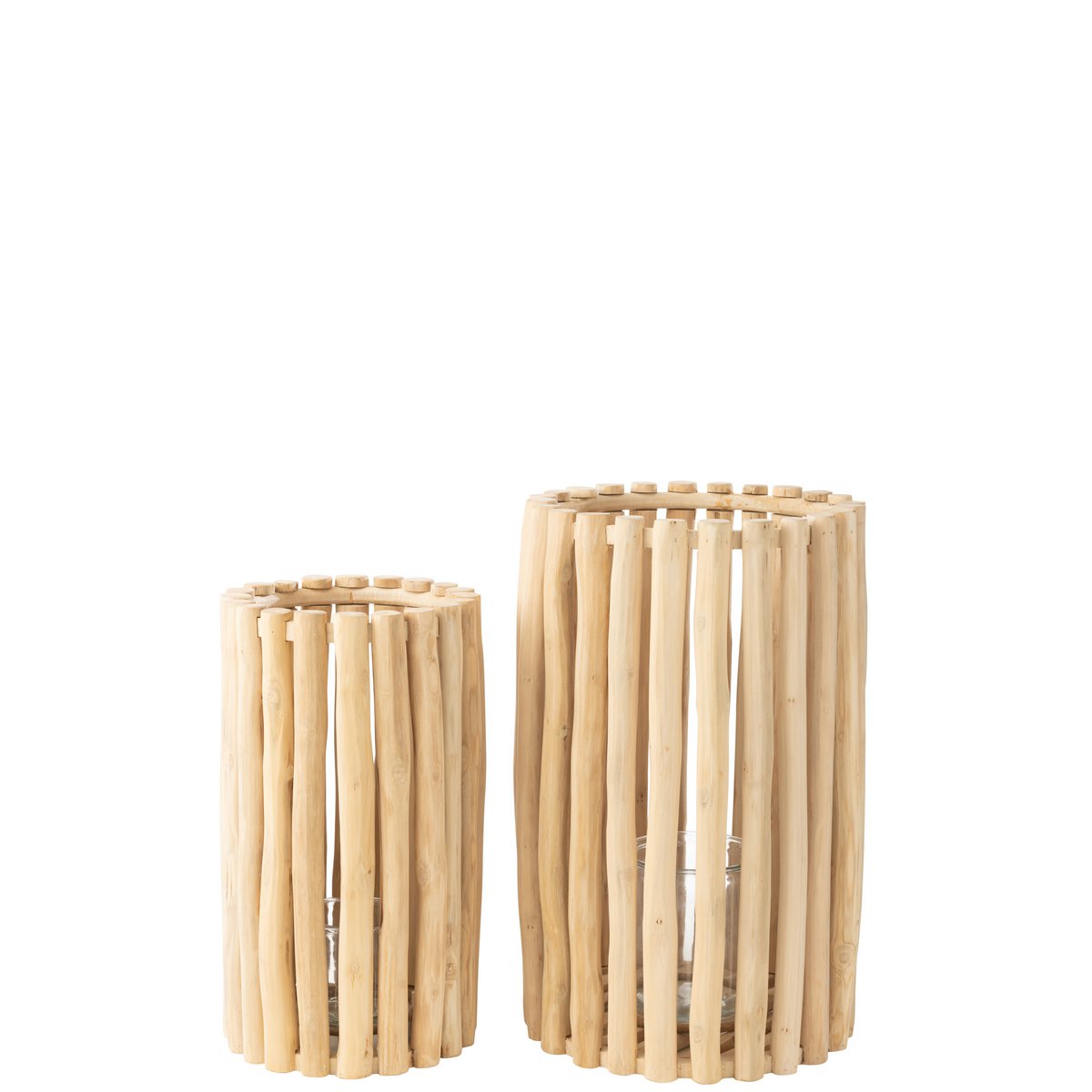 Détail de la lanterne J-Line en bois naturel, finition artisanale