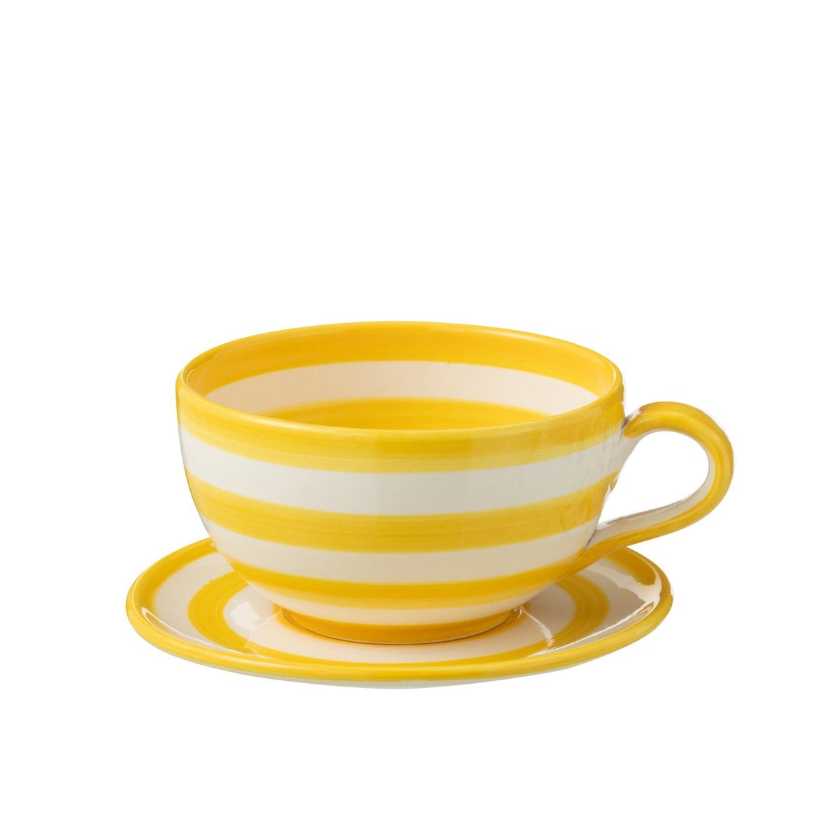 Tasse J-Line Grenade Stripes en céramique blanche et jaune avec soucoupe assortie