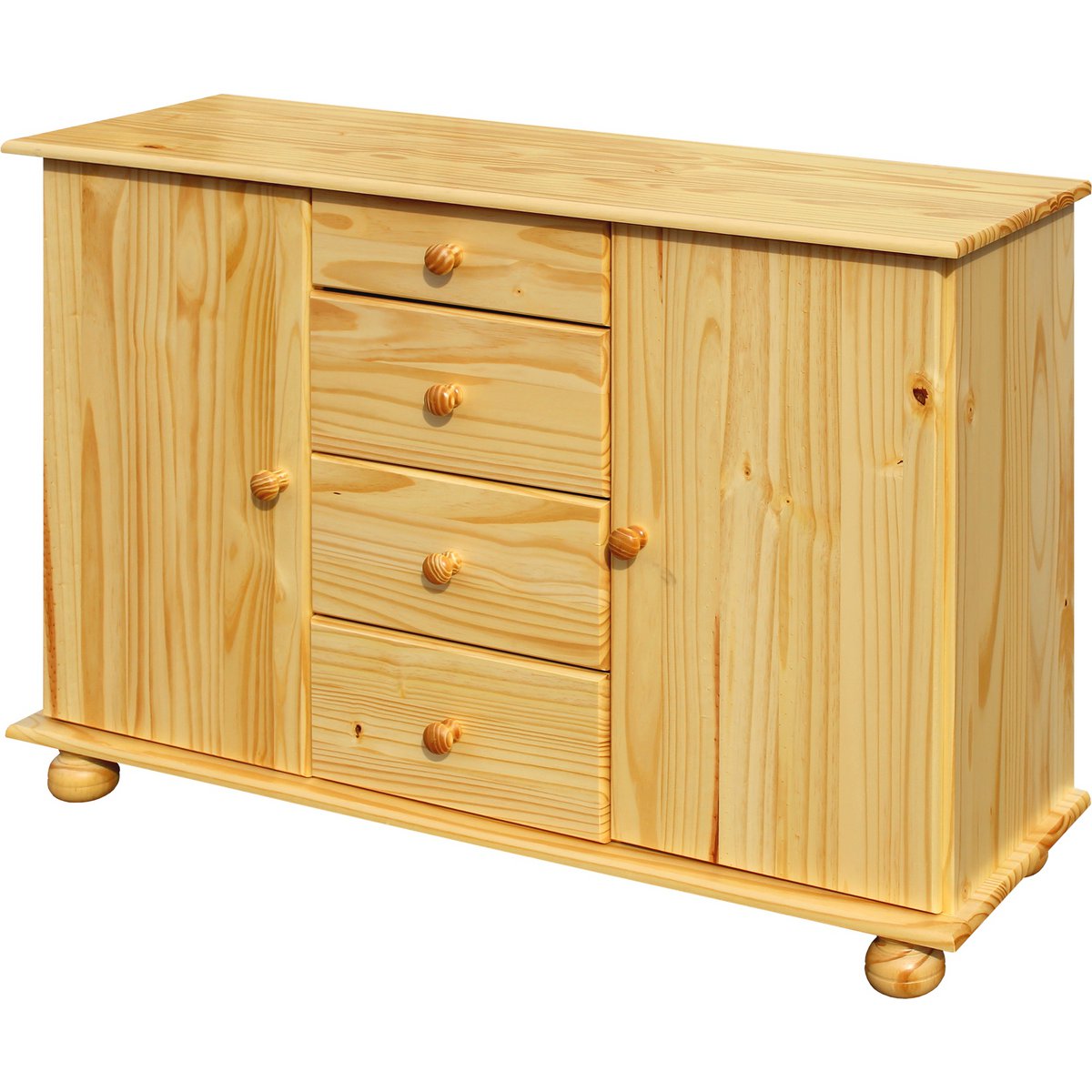 Détail des tiroirs de la commode avec poignées métalliques