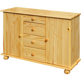 Détail des tiroirs de la commode avec poignées métalliques
