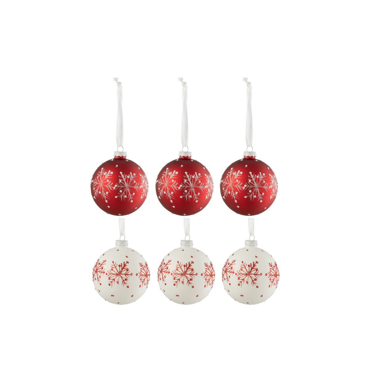 Boule de Noël Flocons de neige J-Line en verre blanc et rouge, vue de face.