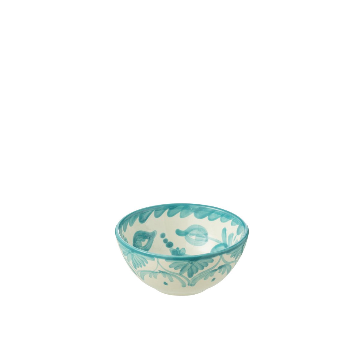 Bol Grenada J-Line en céramique blanche et aqua, Ø 14 cm, vue de face.