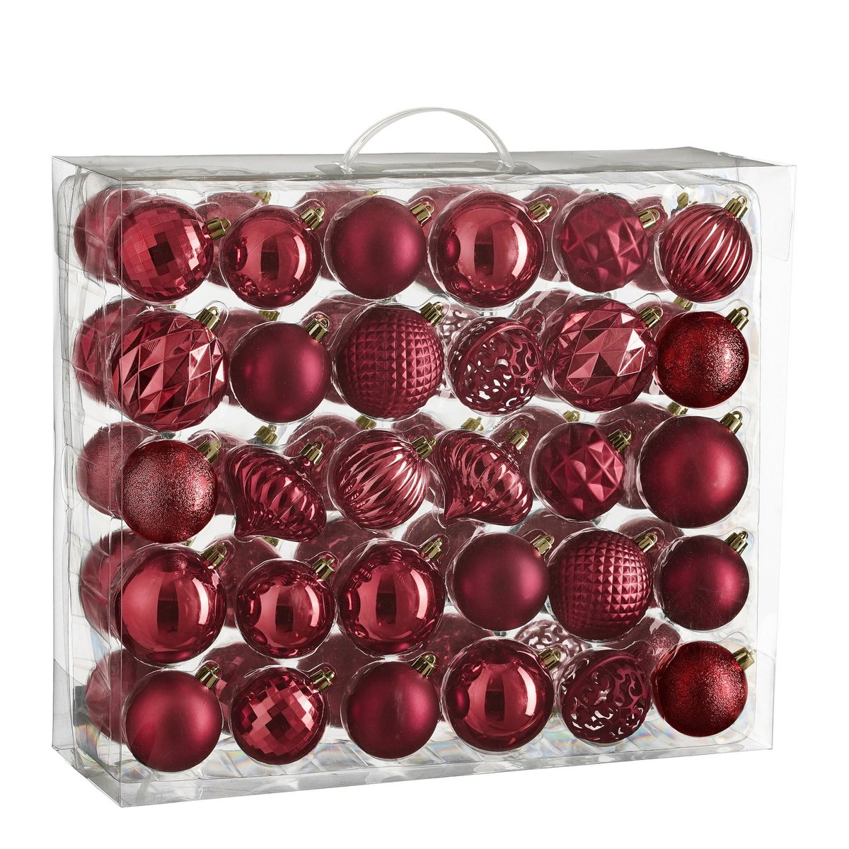 Set de 60 boules de Noël incassables rouge foncé, élégantes et résistantes.