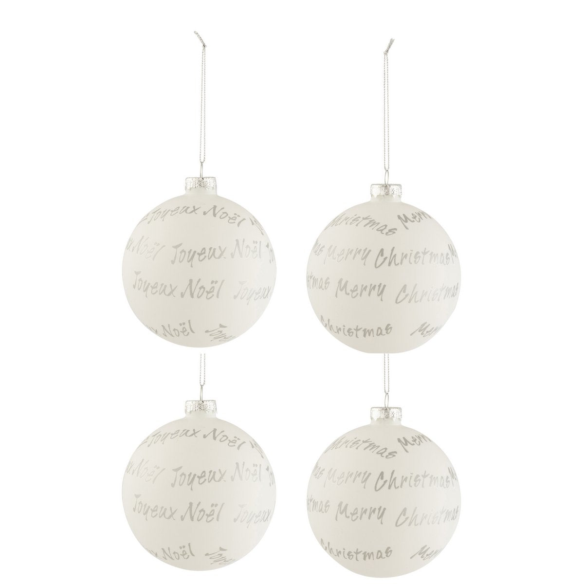 Boules de Noël J-Line en verre blanc et argent dans leur boîte de présentation.