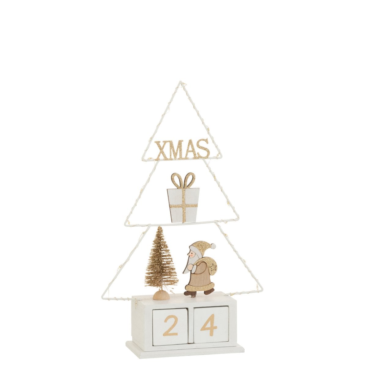 Calendrier Sapin de Noël J-Line en bois blanc et or, vue avant