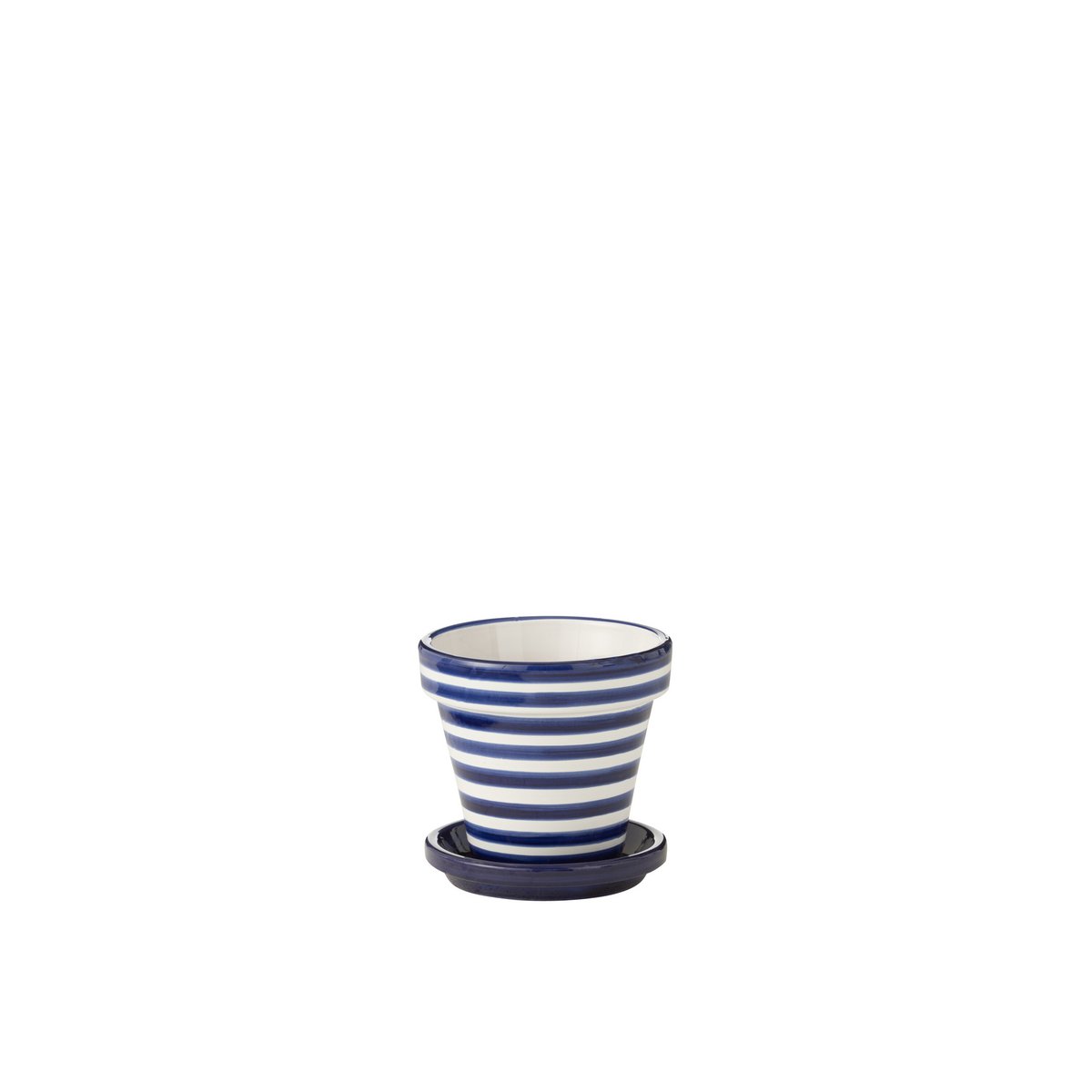 Pot de fleurs J-Line Granada Stripes en céramique bleue, vue de face.