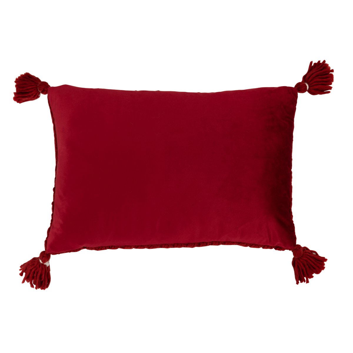Coussin crochet rouge J-Line sur canapé, vue d'ensemble