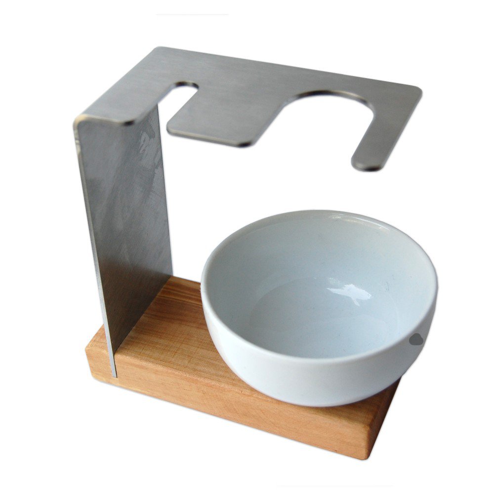Support pour blaireaux et rasoirs humides en inox et bois d'olivier avec pot en porcelaine