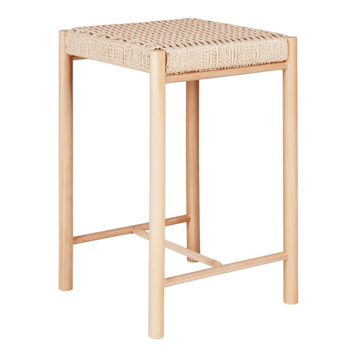 Chaise de comptoir Abano en bois de peuplier et corde de papier, vue de face