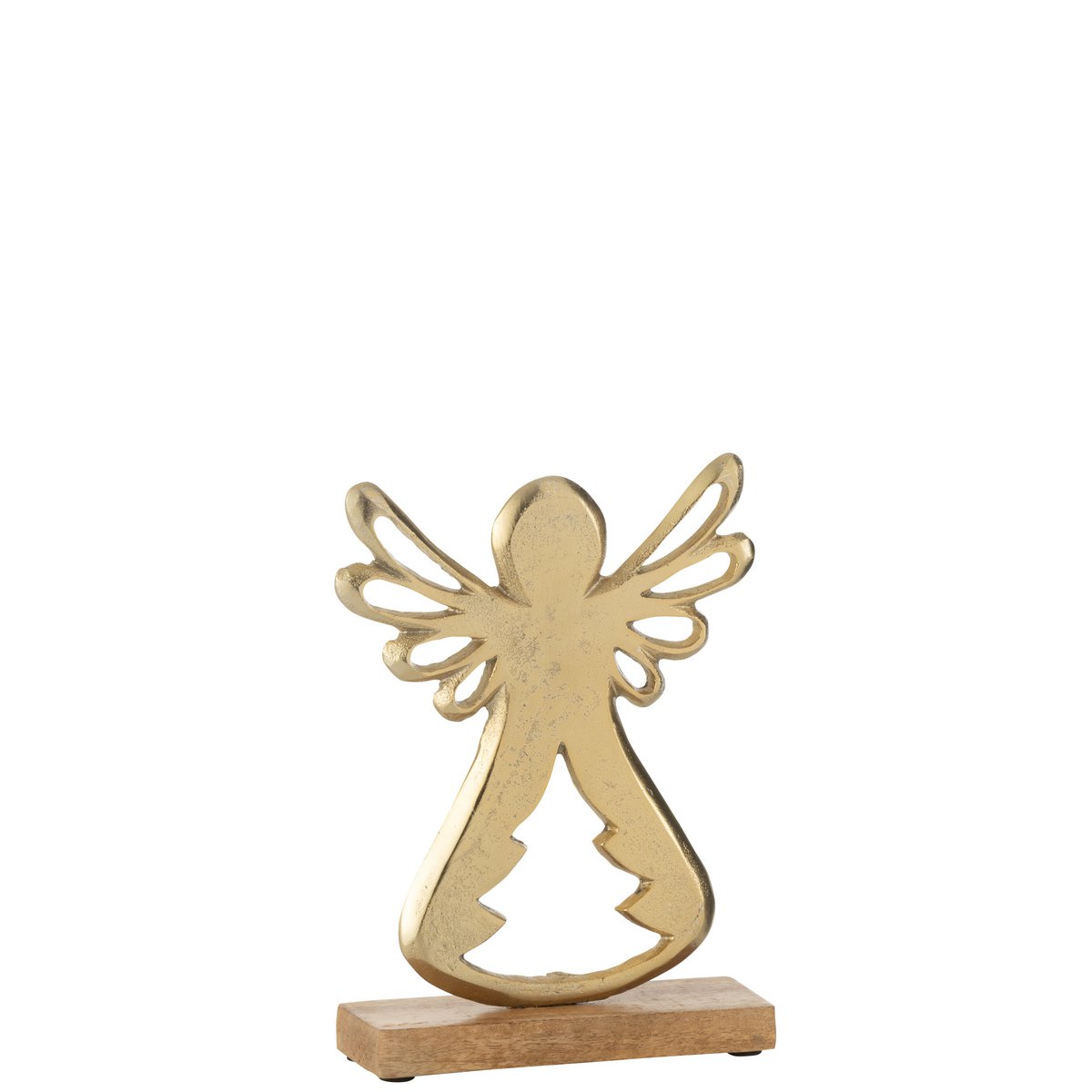 Détail de l'ange sur pied en aluminium et bois doré, mettant en avant la finition