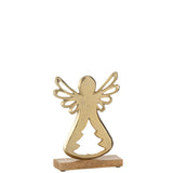 Détail de l'ange sur pied en aluminium et bois doré, mettant en avant la finition