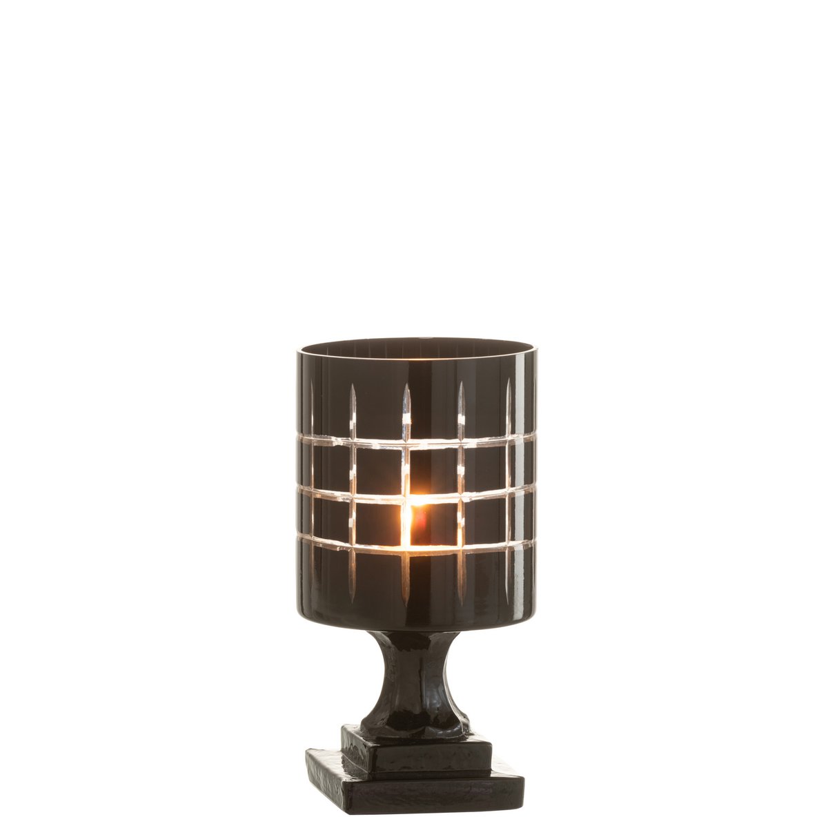 Détail du design damier du photophore J-Line, verre noir