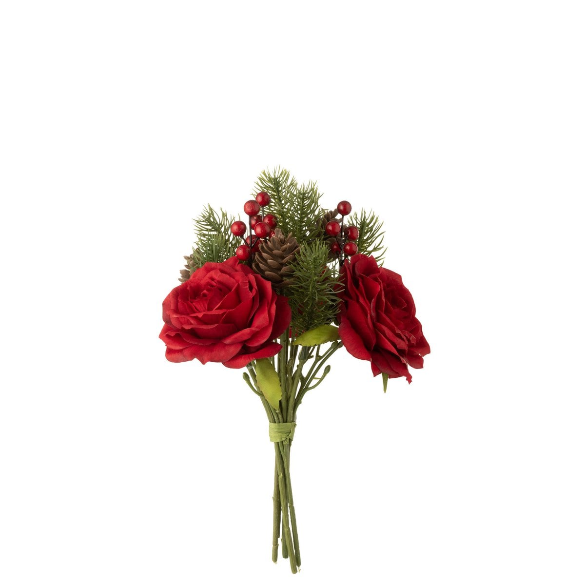 Bouquet Liline J-Line avec roses, baies et branches de pin en rouge et vert