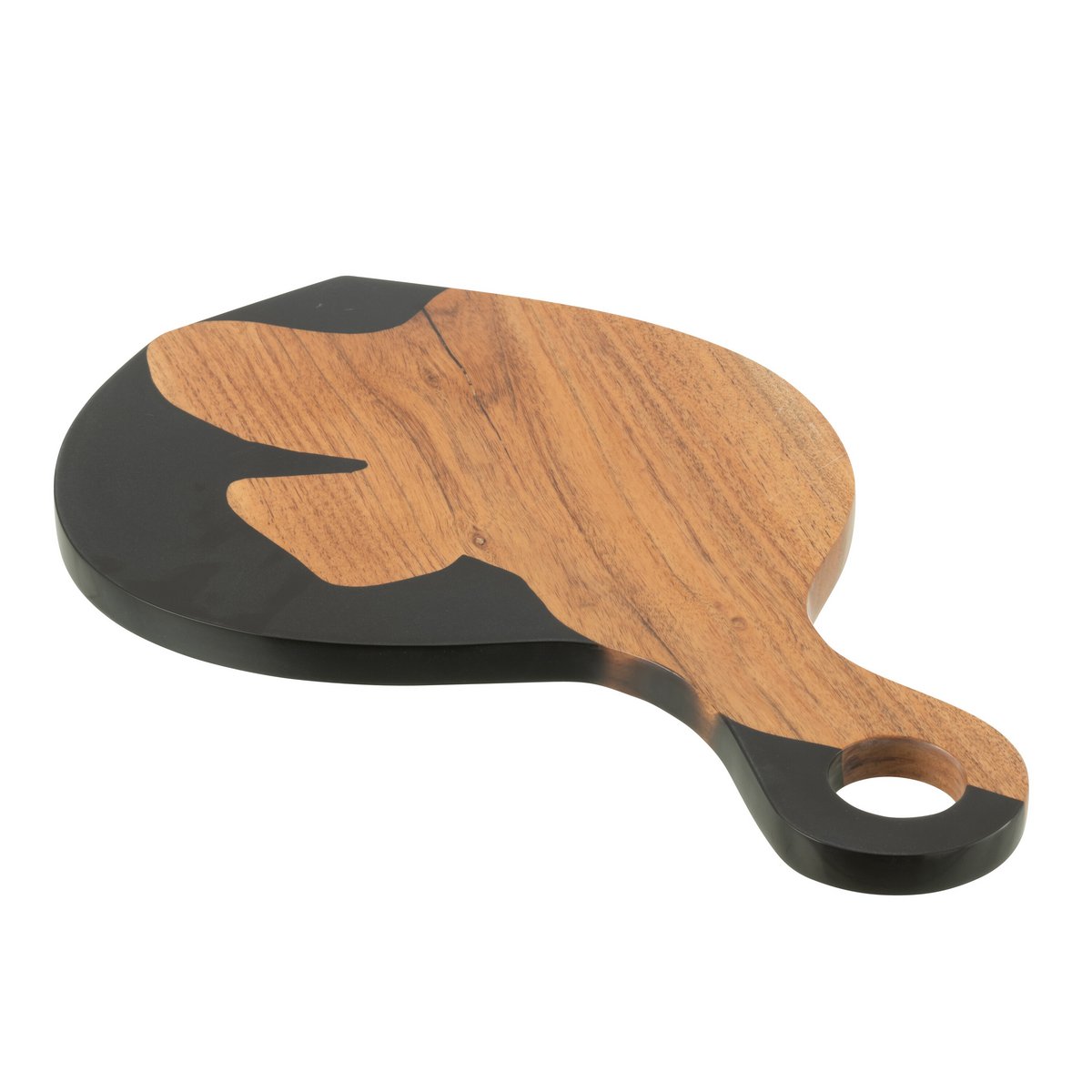 Détail de la planche à découper J-Line, mettant en valeur la finition en bois et résine.
