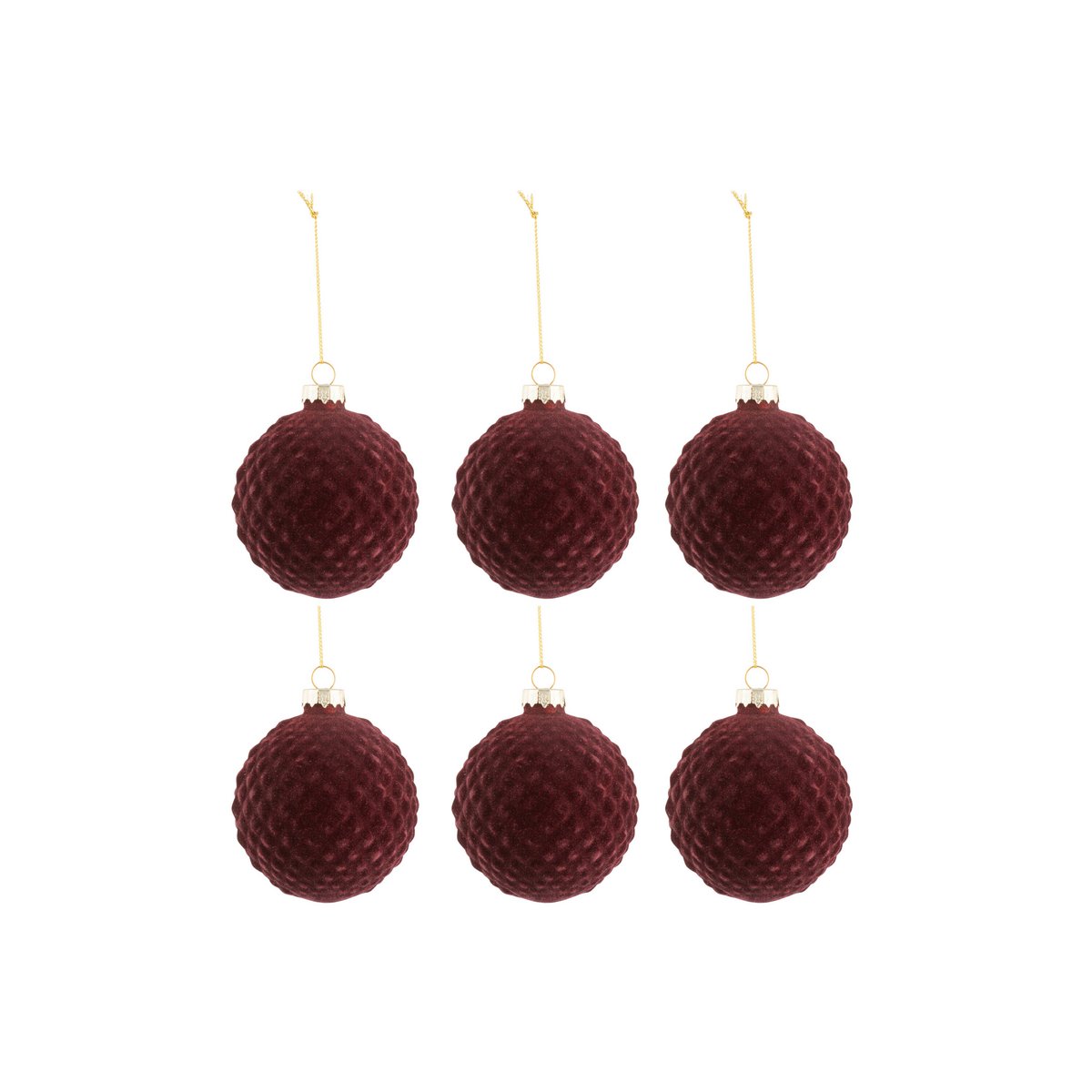 Détail des boules de Noël bordeaux en velours et verre, ambiance festive.