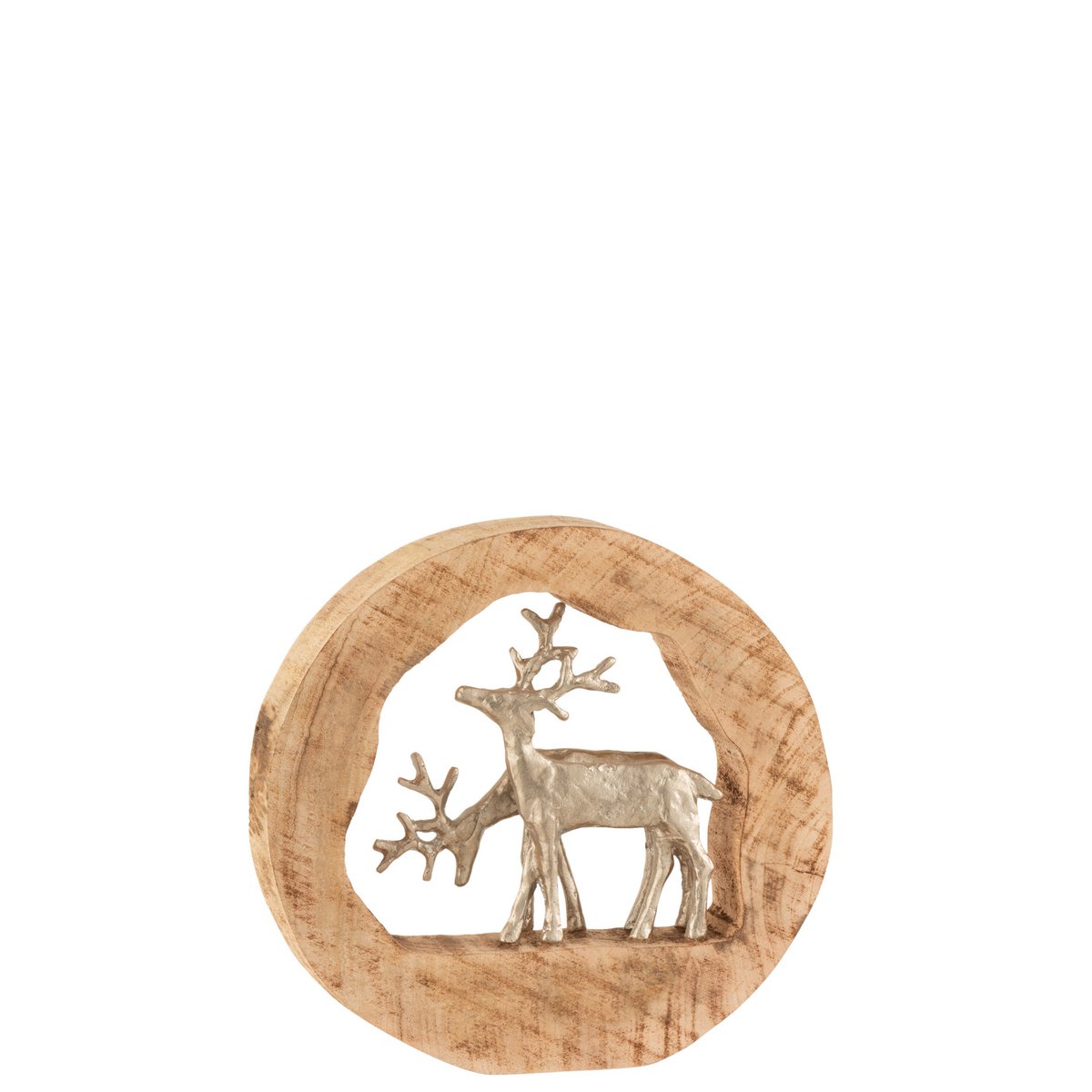 Figure de Noël Rendier J-Line en aluminium et bois, vue de face avec détails argentés et naturels.