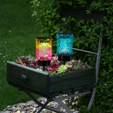 Brochettes décoratives solaires "Mila" 2 set, Ø 8,3 cm, 25 cm de haut, métal noir, verre lourd et structuré en rouge / jaune et en bleu / vert, LED intégré, blanc chaud