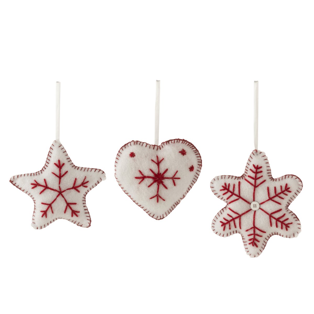 Pendentif de Noël J-Line en forme d'étoile et flocon de neige, textile rouge et blanc