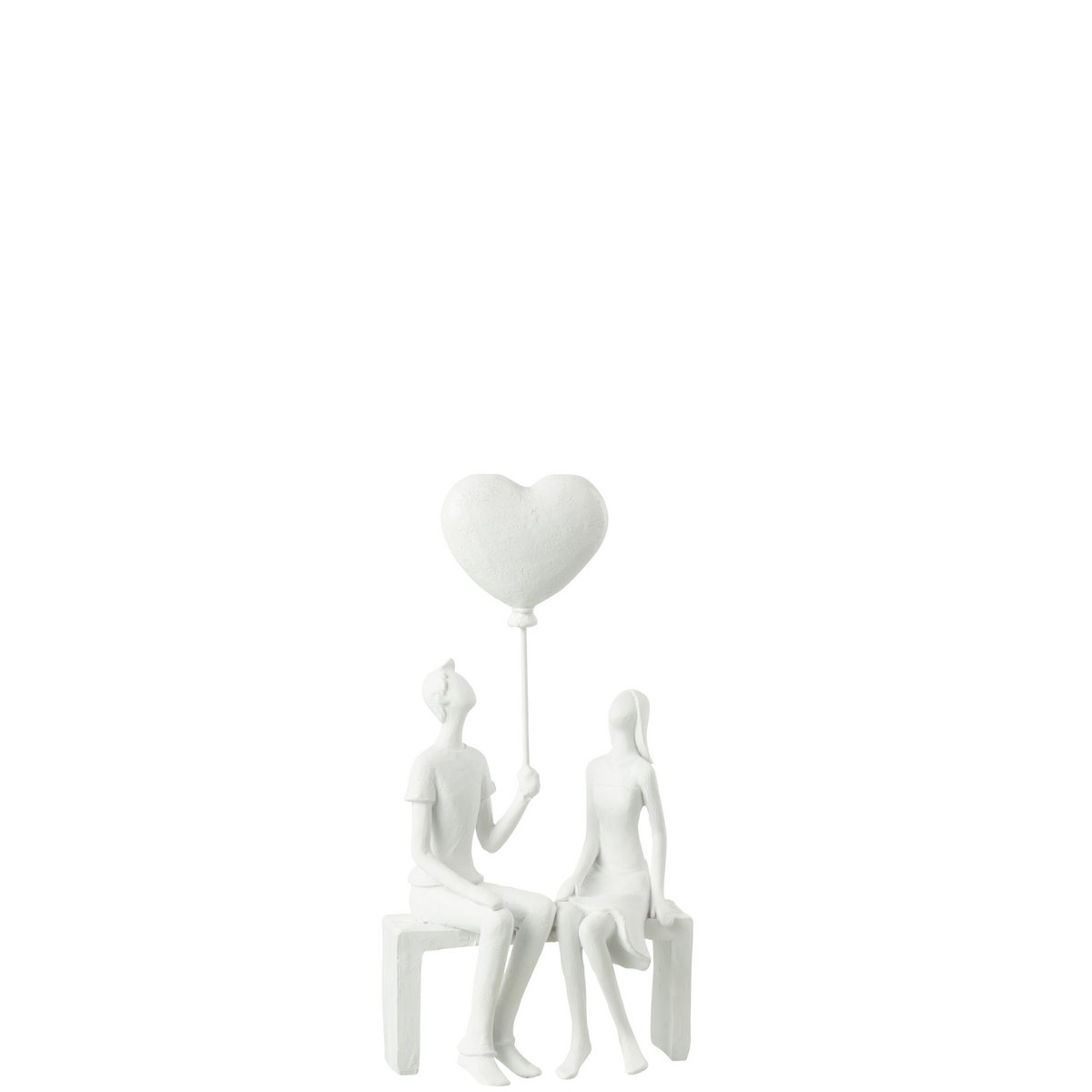 Figurine J-Line Couple Assis Coeur en polyrésine blanche, design élégant