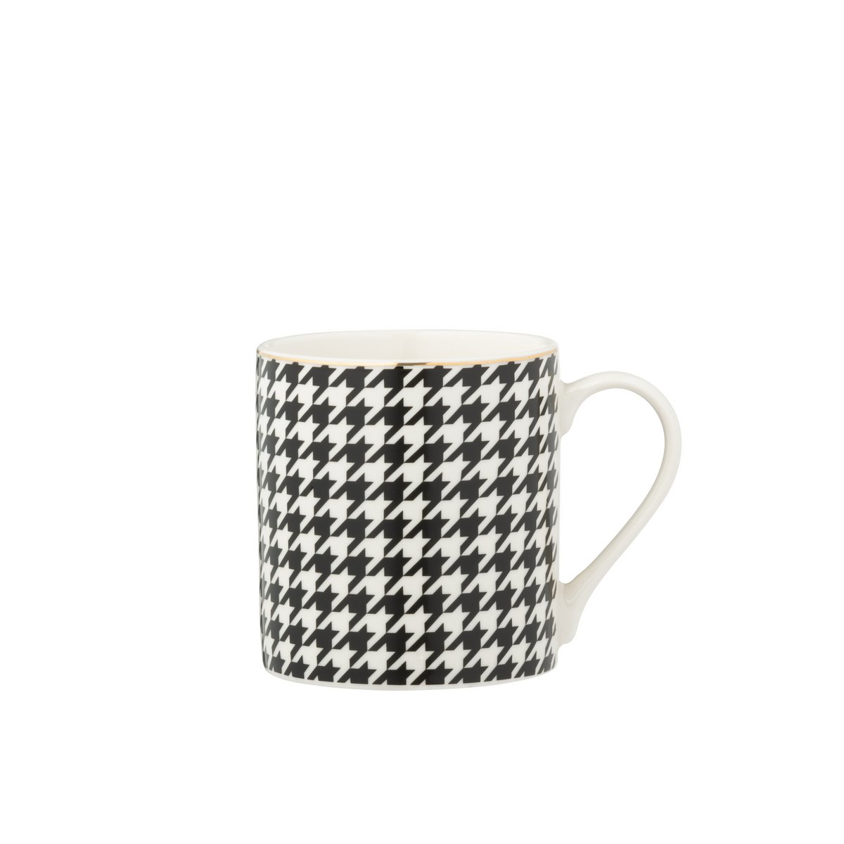 Vue rapprochée du Mug Pied-Poule J-Line, mettant en valeur la finition en porcelaine