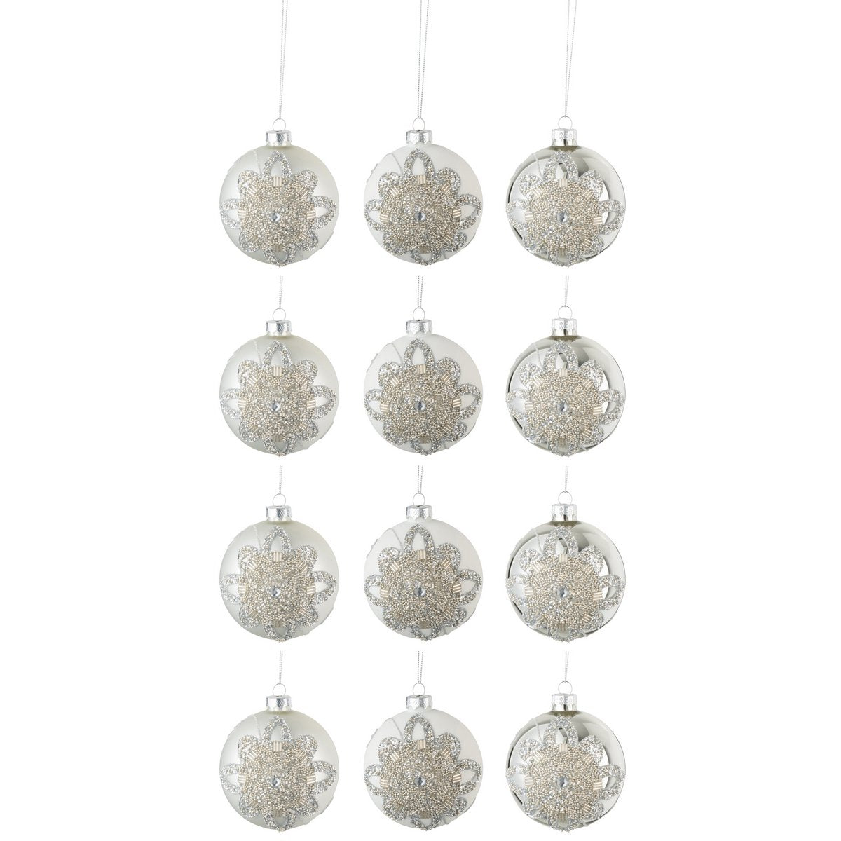 Boule de Noël en verre avec perles blanches et argentées, vue de face