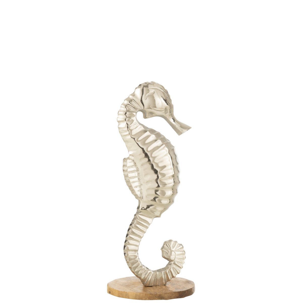 Figurine hippocampe J-Line en aluminium argenté sur pied, design moderne.