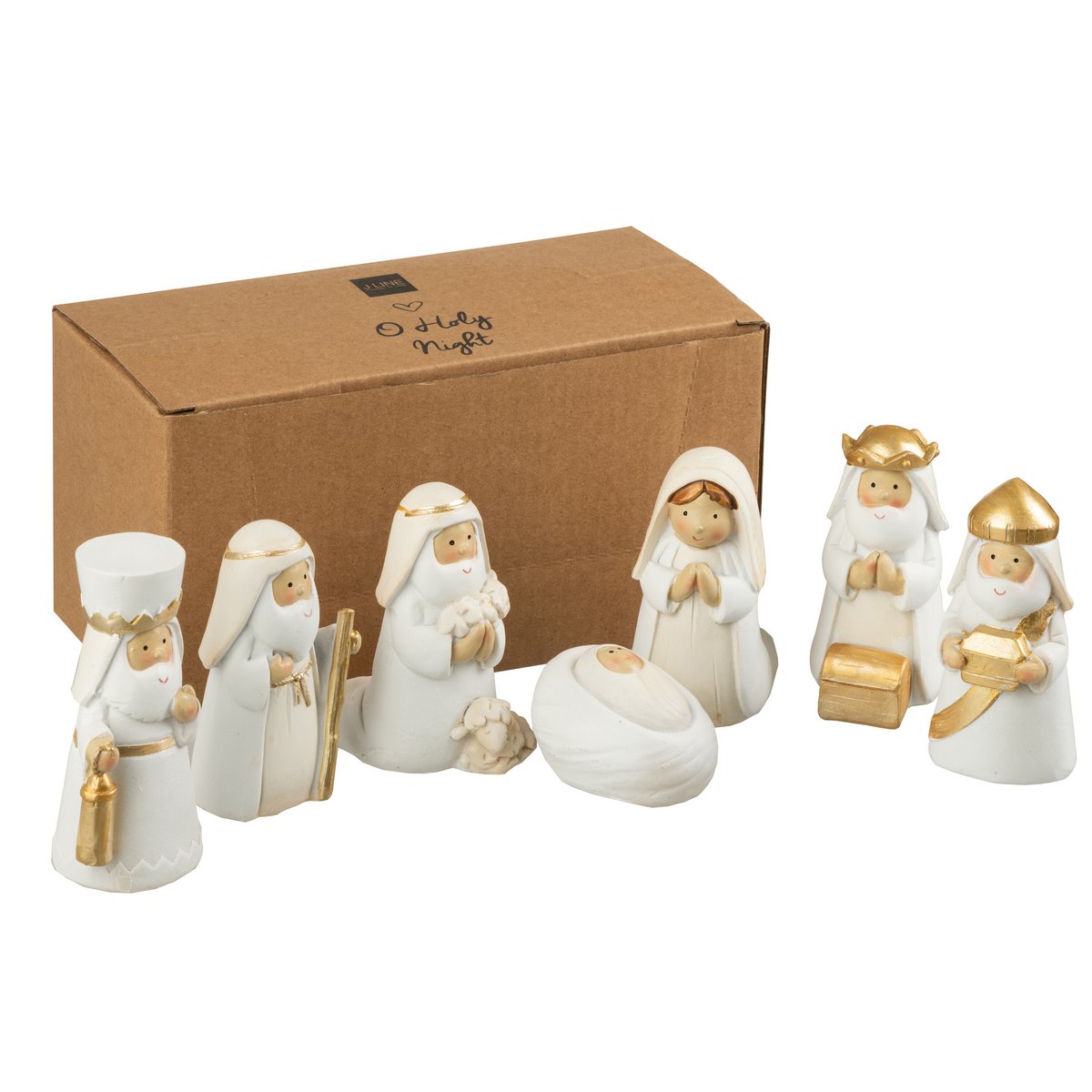 Détail de la crèche J-Line, finition en résine avec des accents dorés.