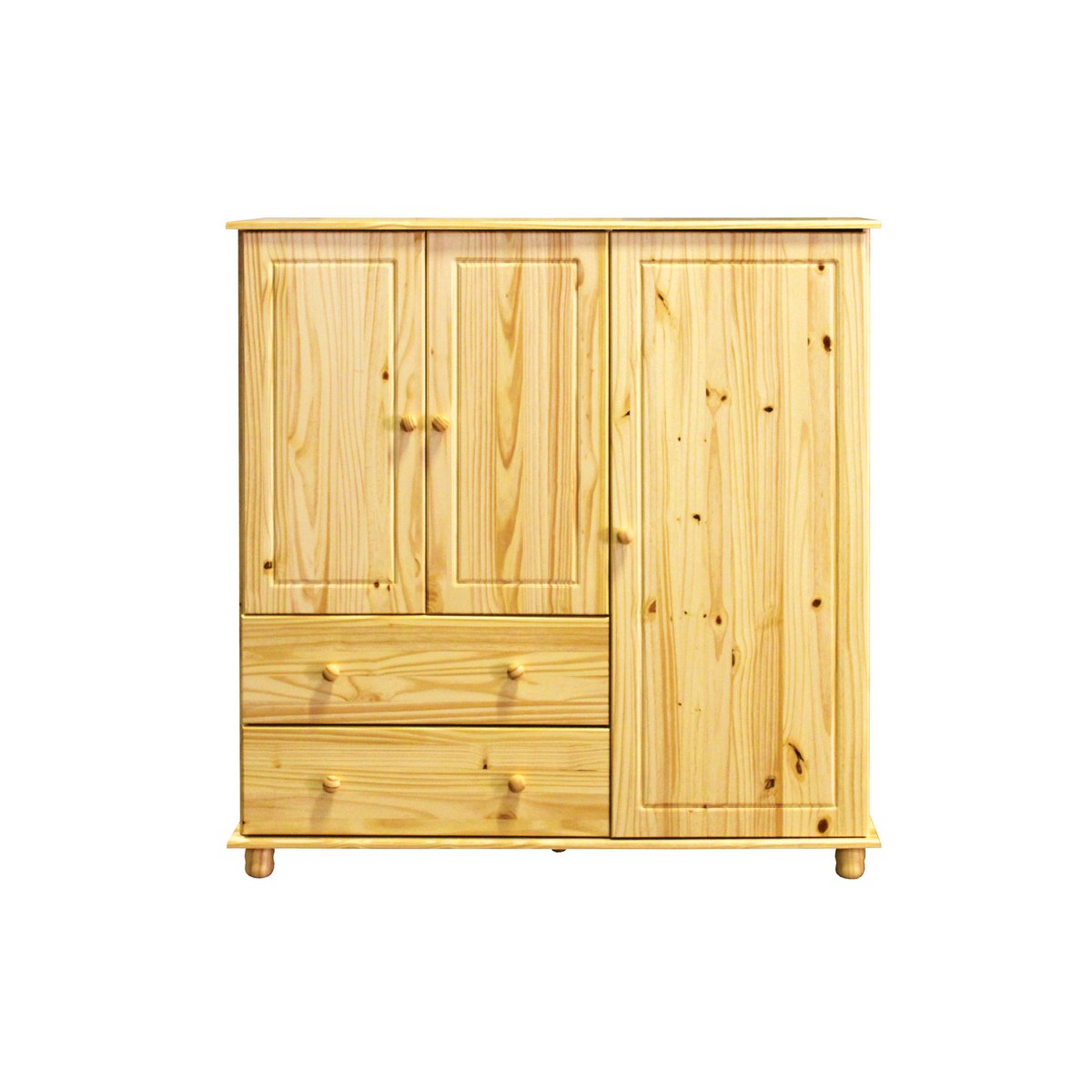 Commode en pin massif avec 3 portes et 2 tiroirs, vue de face