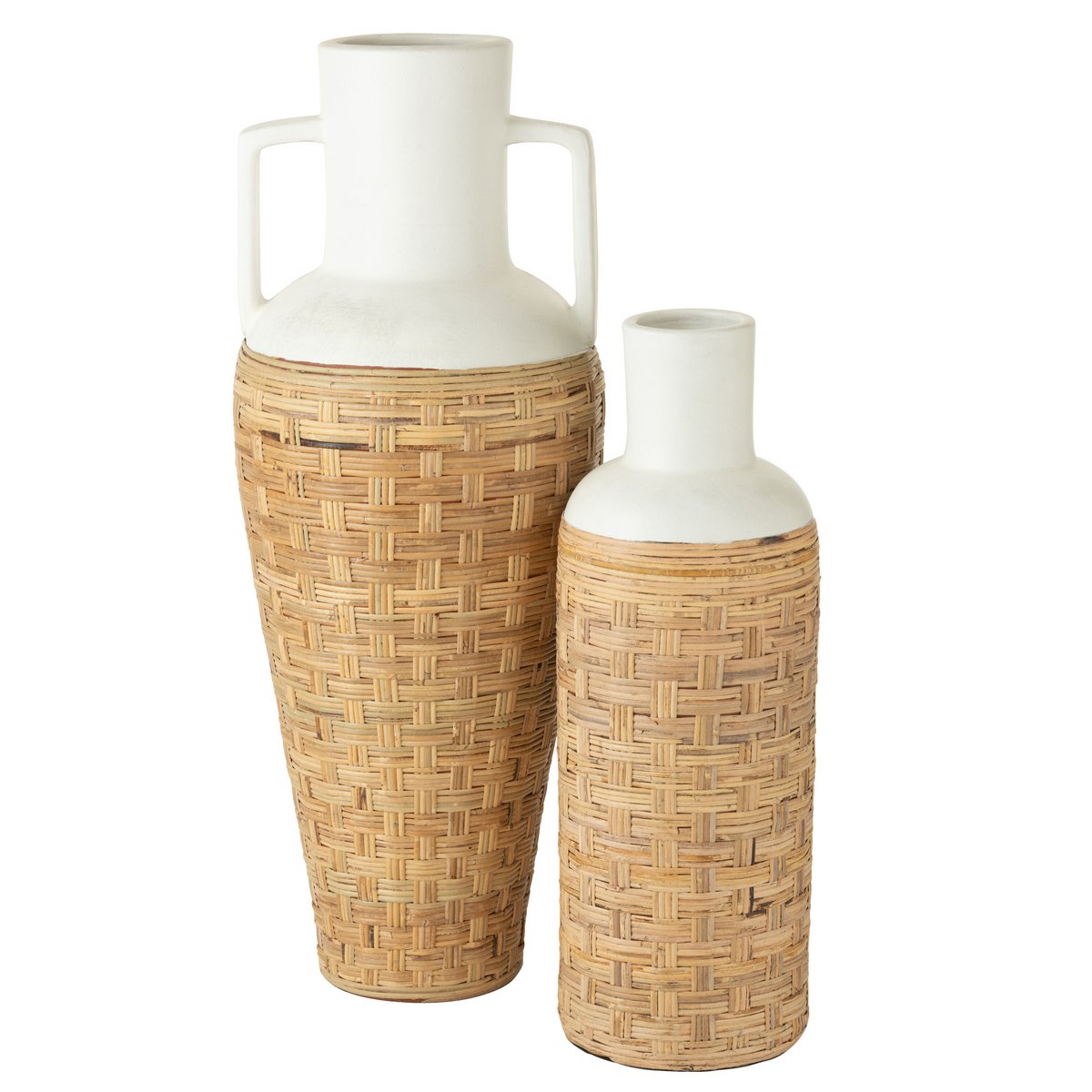 Vase J-Line tissé en terre cuite et rotan blanc, vue d'ensemble
