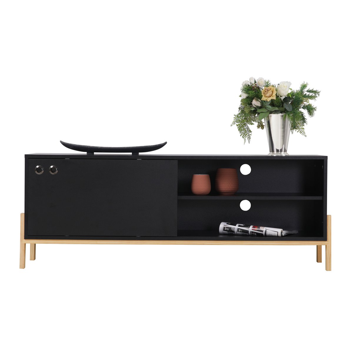 Table basse en bois noir avec porte coulissante vue de face