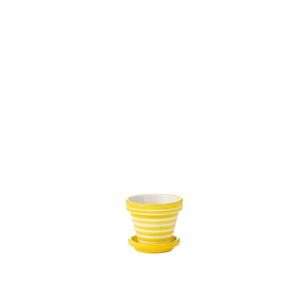 Pot de fleurs Granada Stripes en céramique jaune, fait main, décoré de motifs colorés.