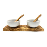 Ensemble de 2 bols à trempette ronds en porcelaine (Ø 8,5 cm) avec 2 cuillères sur bois d'olivier
