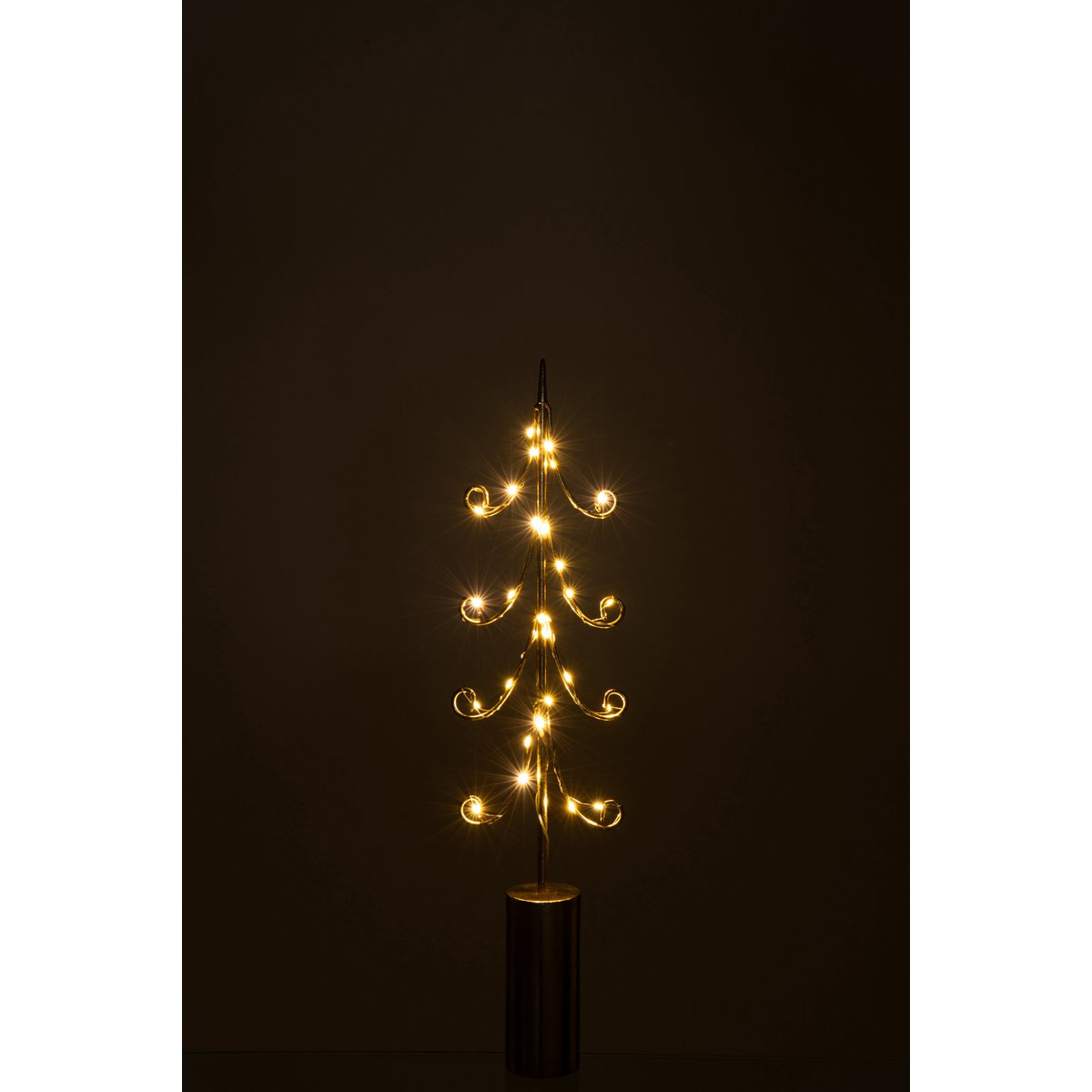 Arbre décoratif J-Line en métal doré avec lumières LED, vue de face.