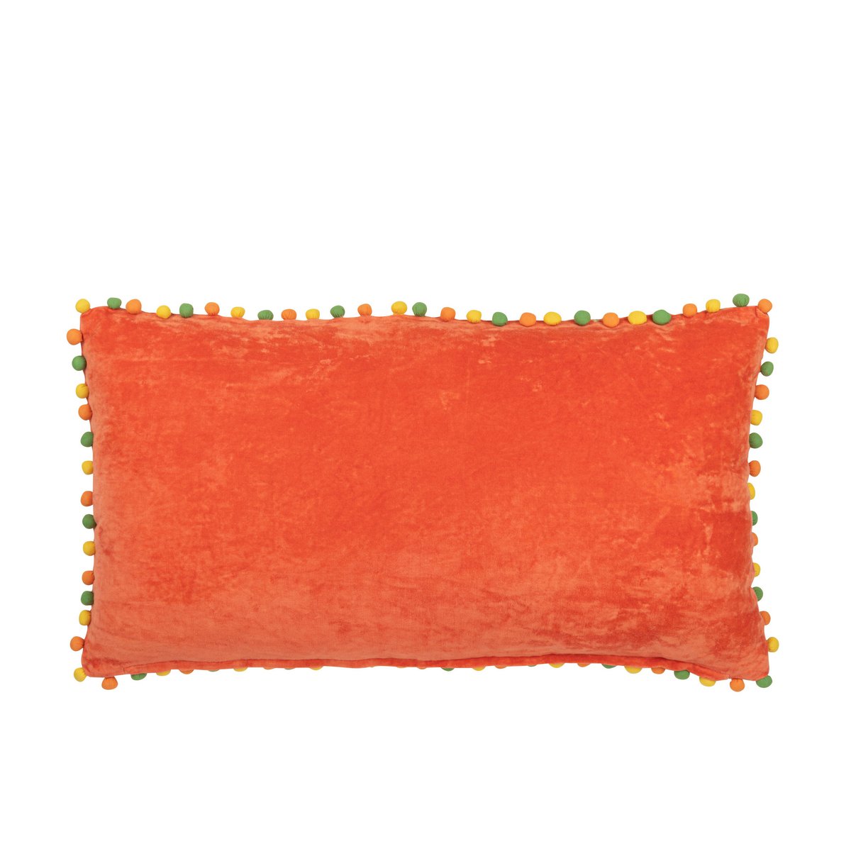 Coussin J-Line en velours orange avec pompons, vue de face
