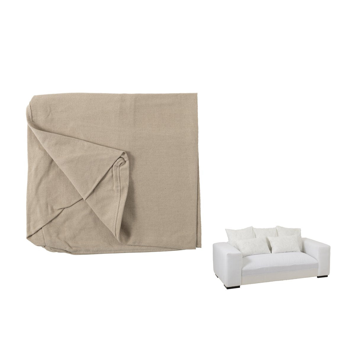 Couverture J-Line et coussins Monaco en textile naturel sur canapé