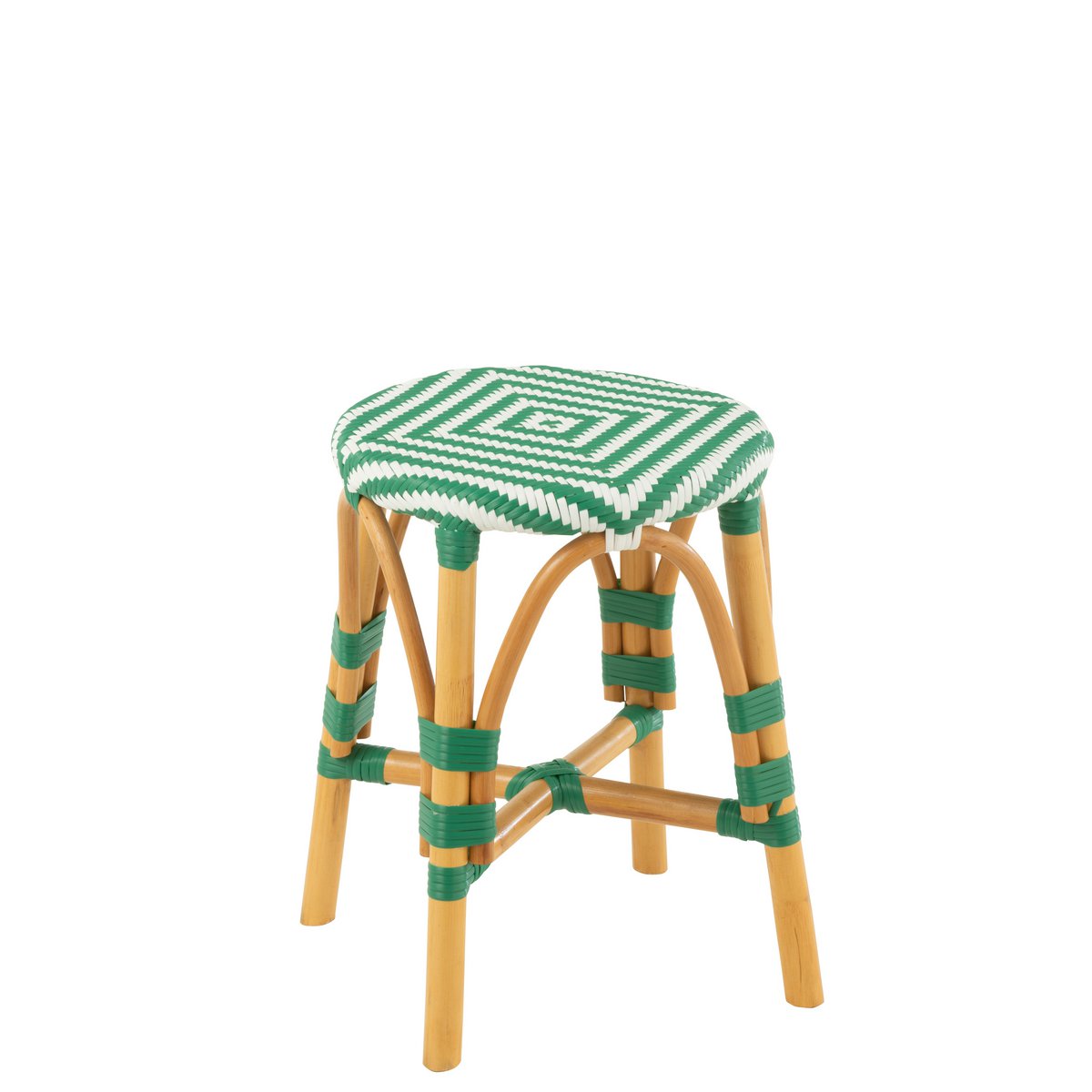 Tabouret J-Line en rotin vert foncé et blanc, vue de face