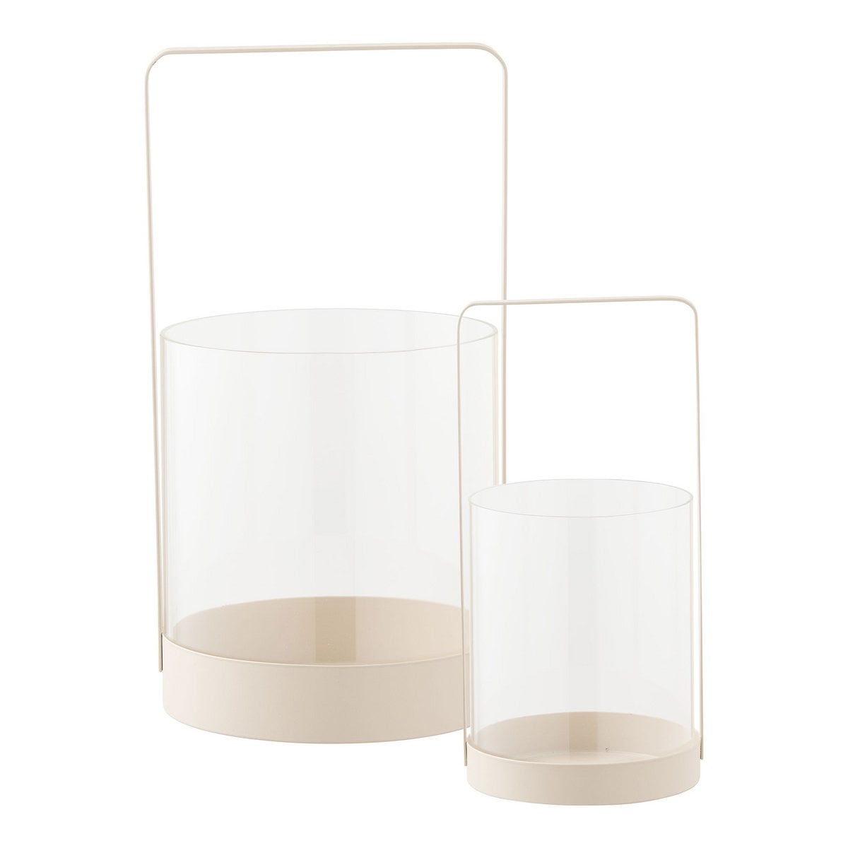 Bougeoir Hurricane en verre et métal, vue de face, couleur beige