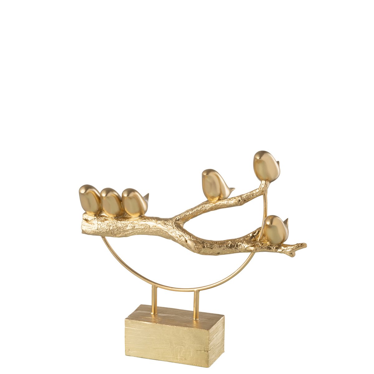 Oiseau doré en résine sur socle en métal, vue de face