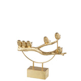 Oiseau doré en résine sur socle en métal, vue de face