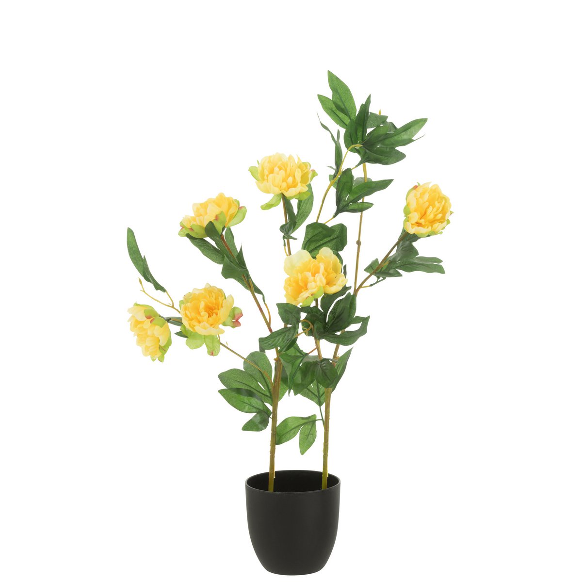 Détail du pot de pivoine artificiel jaune, montrant la texture et le design élégant en ciment.