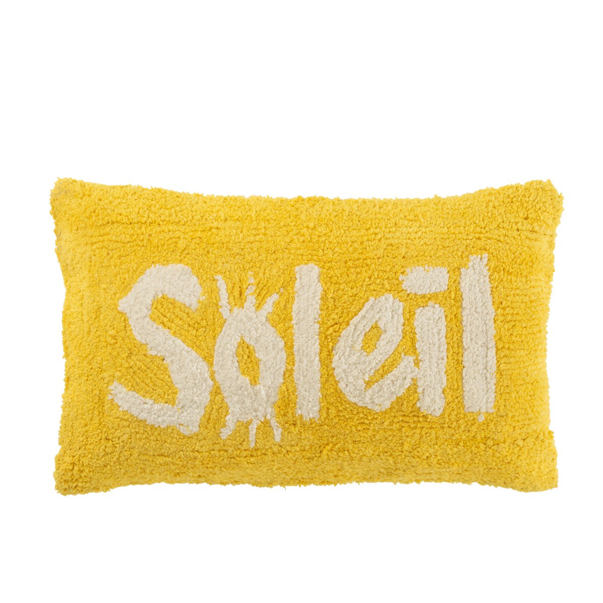 Coussin Soleil tufté de J-Line en coton jaune et blanc, vue de face.