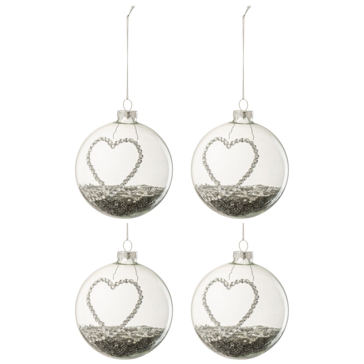 Boules de Noël en verre argenté avec strass en forme de cœur