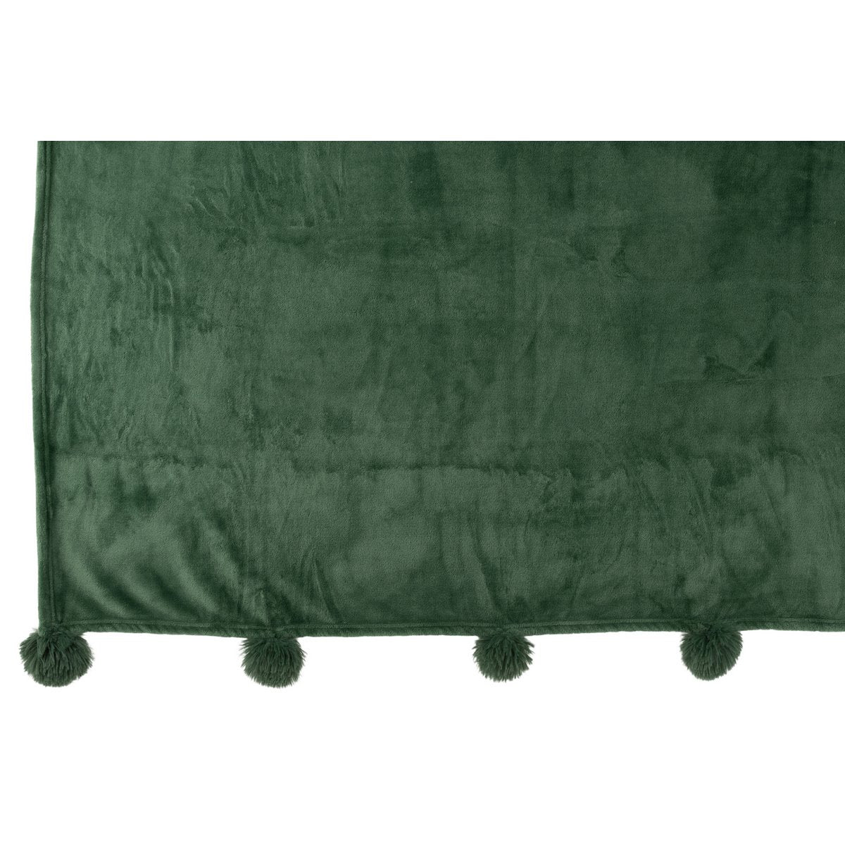 Plaid pompon J-Line vert foncé plié sur une chaise