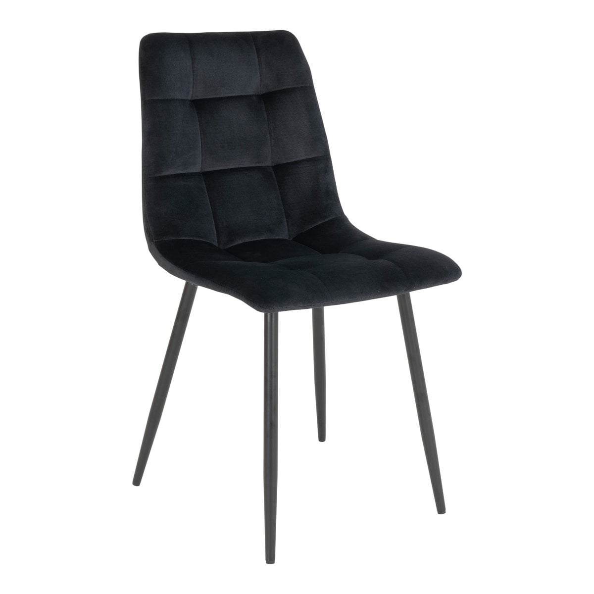 Chaise Middelfart en velours noir avec pieds en métal noir, vue de face